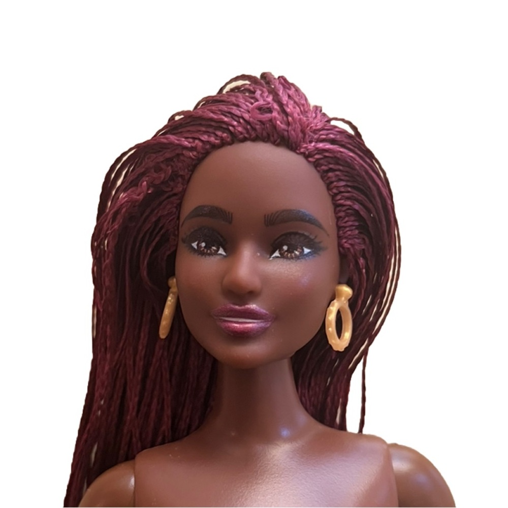Barbie Doll #186 Black Curvy Burgundy Hair Braids Earrings Nude To Dress